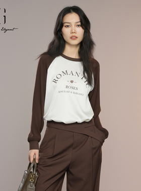 XG雪歌韩系复古撞色圆领衬衫女2025秋款长袖印花衬衣XK321019B598