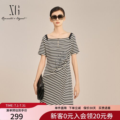 XG雪歌黑白条纹方领连衣裙女25夏新款宽松短袖中长裙XK204047B499