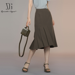 XG雪歌韩系不规则鱼尾半身裙女2025秋款 高腰中长裙子XK303018A172