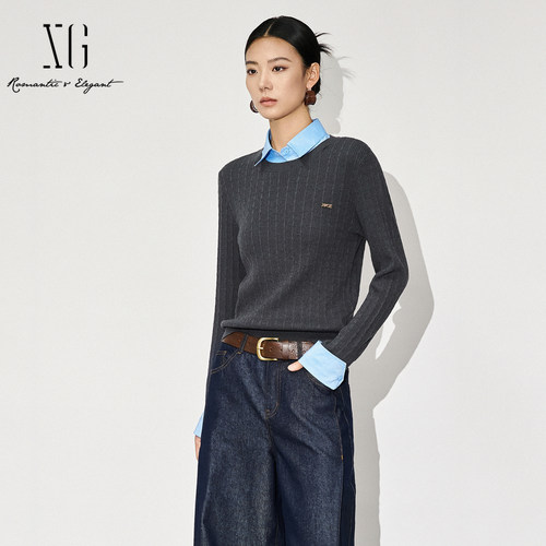 XG雪歌2025秋款假两件撞色拼接知识分子风针织衫女XL311824A884