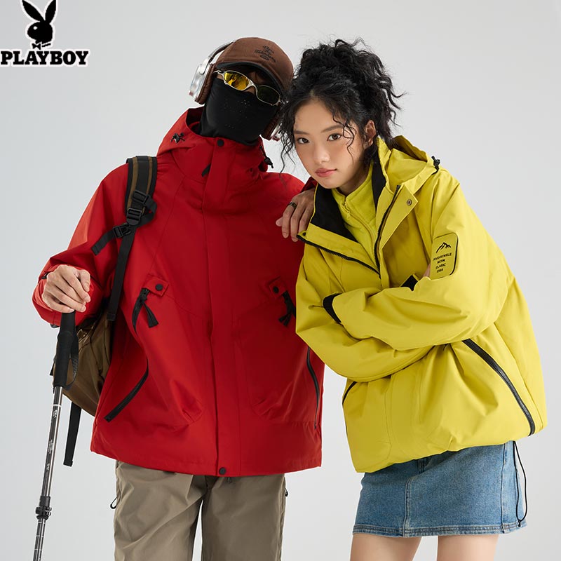 花花公子冲锋衣男女同款户外登山服装防风防水外套情侣装休闲运动
