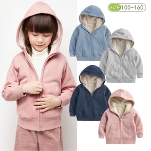 24新款男孩加绒厚外套女童秋冬羊羔绒儿童连帽拉链卫衣中大童衣服