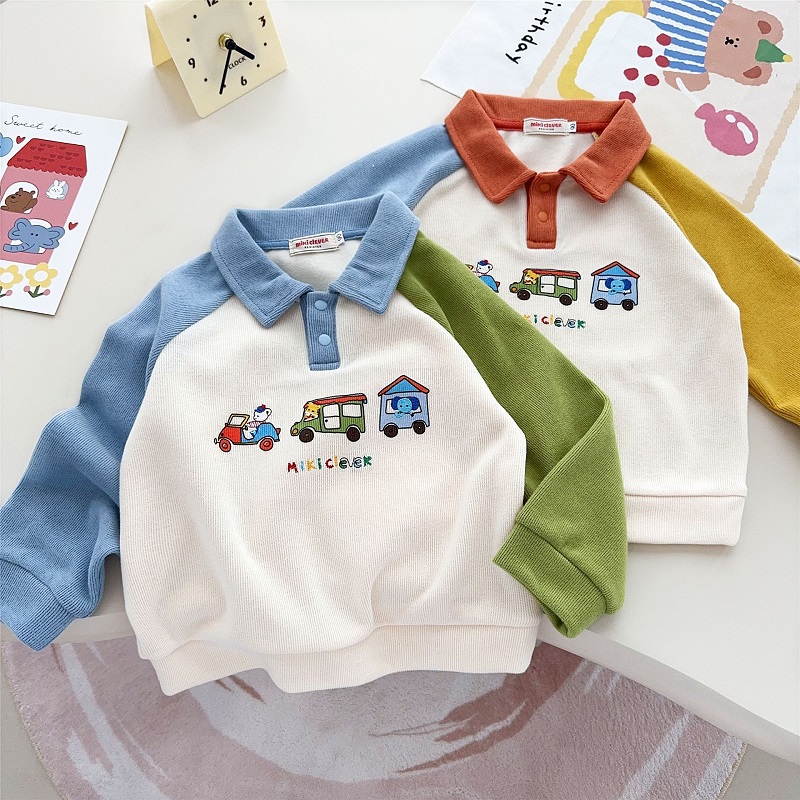 25秋新款童装男女儿童卡通小火车卫衣宝宝miki小熊长袖polo衫上衣