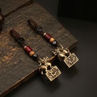 饰 手工绳装 新款 黄铜麒麟印钥匙扣挂件汽车摆件男女包包吊坠新中式