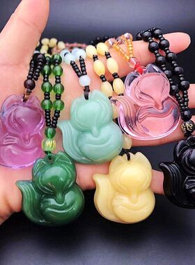 玻璃水晶小狐狸吊坠 粉晶长款百搭毛衣链紫色桃花运项链仿黑曜石