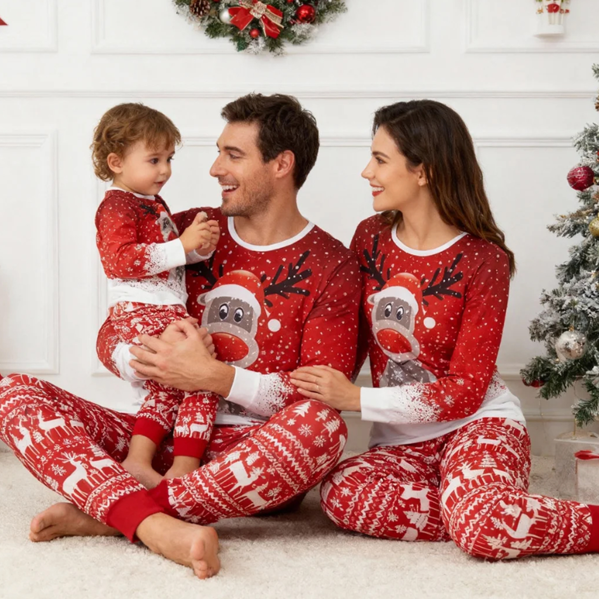 新年亲子装秋装一家三口四口长袖圣诞睡家居服Matching Family