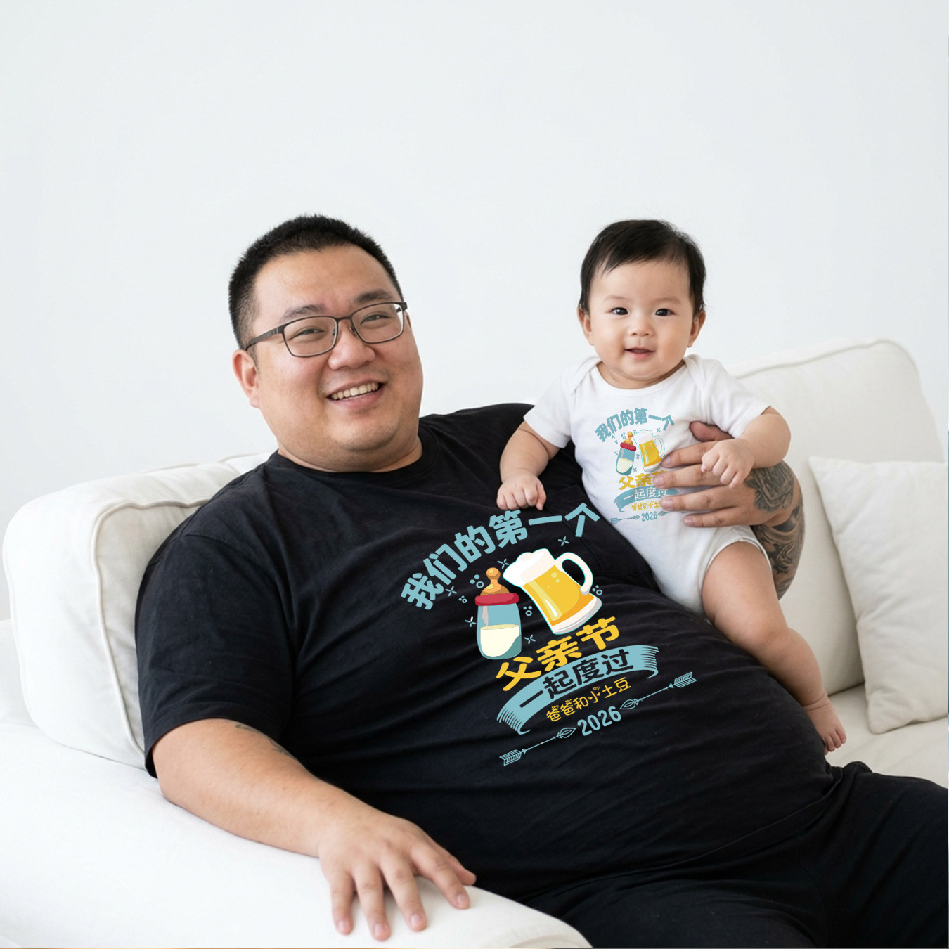 2026夏季亲子装爸爸跟宝贝的第一个父亲节呀纯棉婴儿短袖体恤爬服