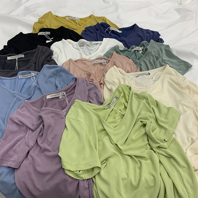 GALI定制/圆领铜氨丝紫色短袖T恤女韩版2020夏宽松百搭上衣打底衫