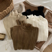 上衣气质百搭套头打底衫 秋冬毛绒感内搭T恤法式 复古蕾丝中领长袖