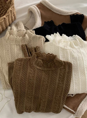 秋冬毛绒感内搭T恤法式复古蕾丝中领长袖上衣气质百搭套头打底衫