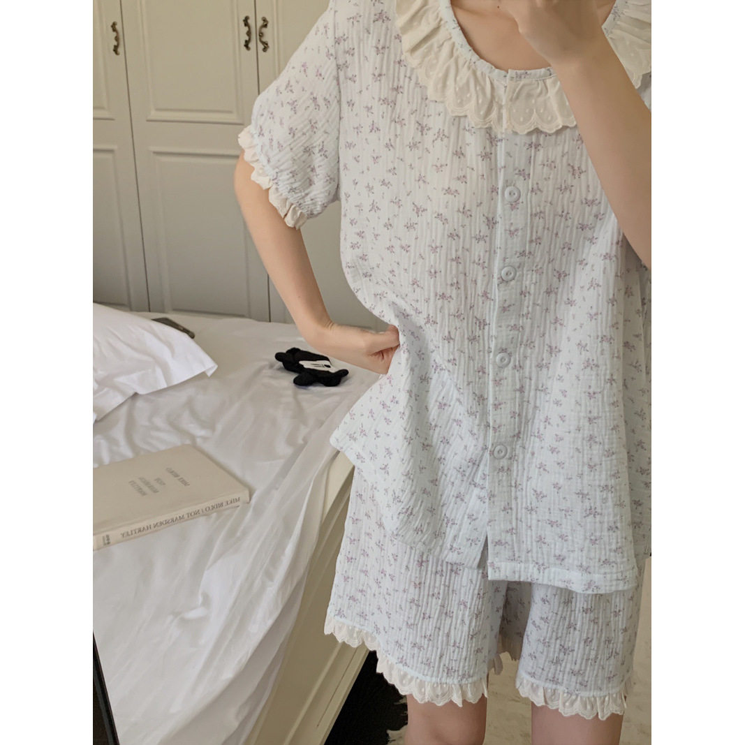 自留！100%婴儿棉纱睡衣套装~少女感柔软亲肤短袖+短裤居家套装女