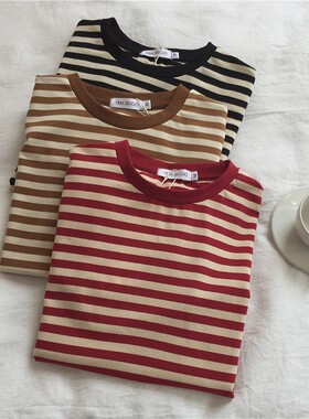 muzi条纹圆领T恤女短袖夏季2019新款宽松百搭休闲显瘦韩版上衣潮