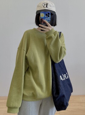 木品磨毛绒圆领卫衣女宽松2021秋季新款韩版亲肤软糯圆领上衣外套