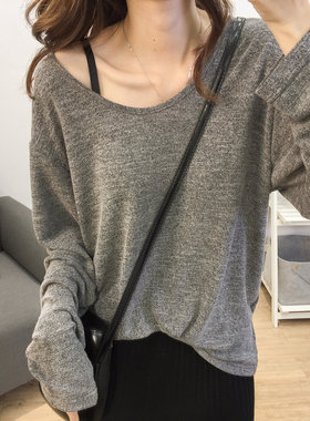 春装新款洋气杂灰宽松显瘦大U领薄款针织衫女冰丝百搭长袖打底衫