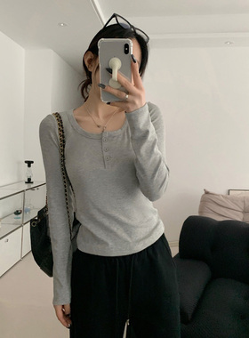 简简单单的一件T恤~基础好穿纯色纽扣长袖T恤弹力打底衫 上衣