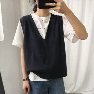 2019早春气质大V领针织马甲 针织背心上衣 简约宽松百搭纯色无袖