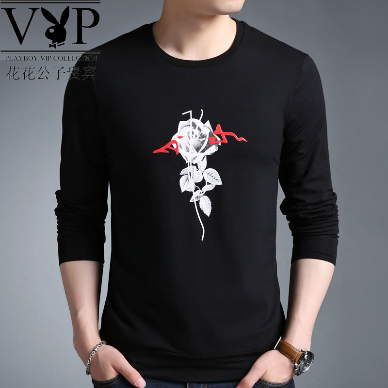 花花公子VIP絲光長袖T恤打底杉修身潮男玫瑰印花男裝上衣衛衣外套