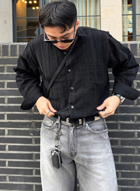 VIVA青年男士春秋季免烫大领纯色衬衫水洗痞帅长袖宽松条纹衬衣男