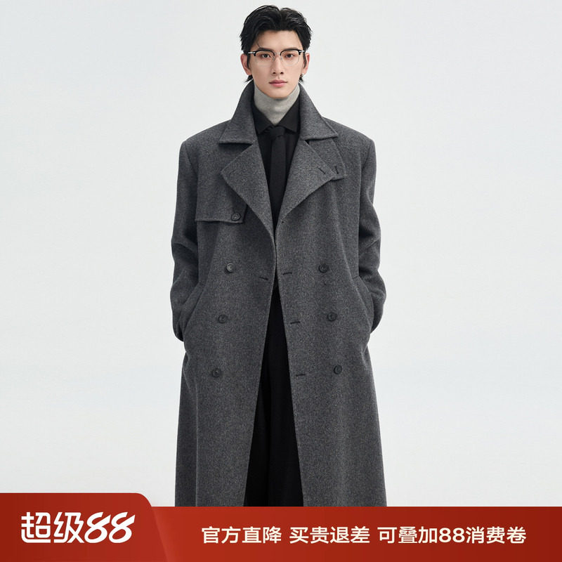 [100%全羊毛/过膝长款] 伯爵卓尔双面呢大衣男秋冬季立领垫肩外套