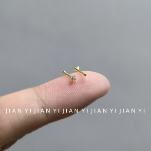 免耳塞999纯银镀14K金色锆石耳钉养耳洞免摘耳针耳棒耳骨钉耳饰女