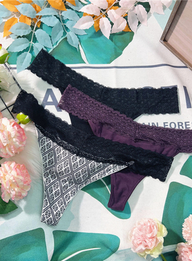 X122 新品纯色格子棉蕾丝边简约透气性感丁字裤女生T-Back内裤