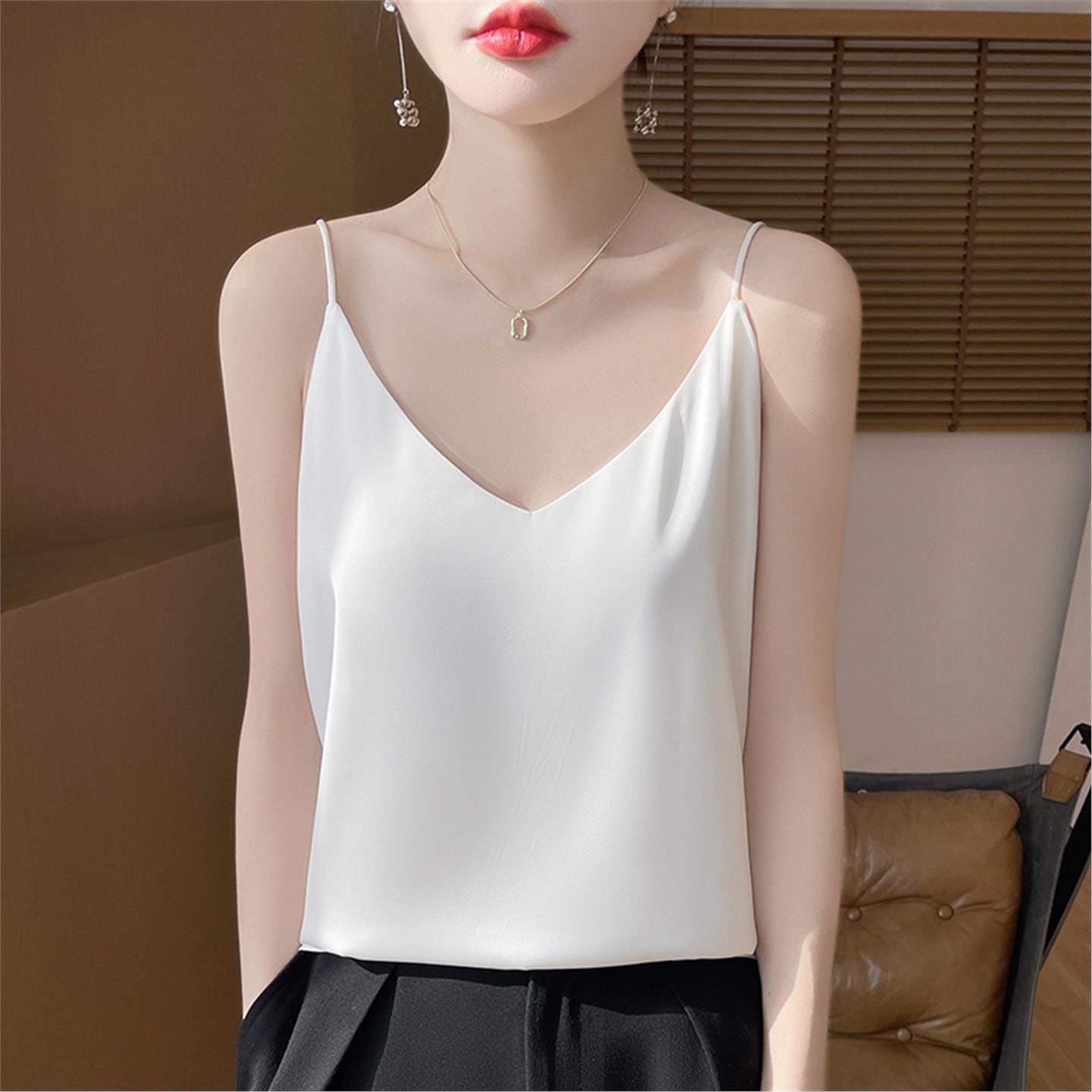 新款上衣感女内V气质纯色背心无袖领搭吊带打底夏季宽松缎面高级
