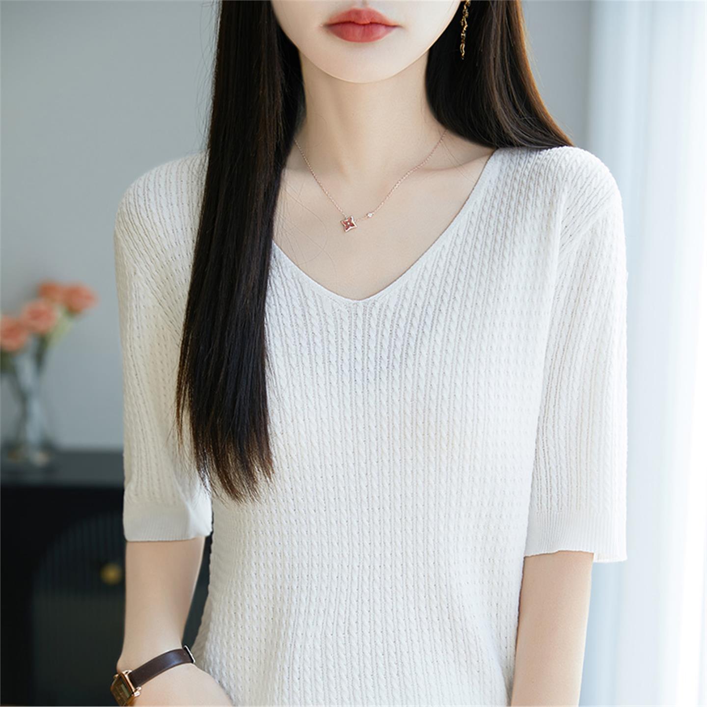 衫复古领短袖轻薄针织半袖vT恤宽松法式透气夏2025麻花打底女冰丝