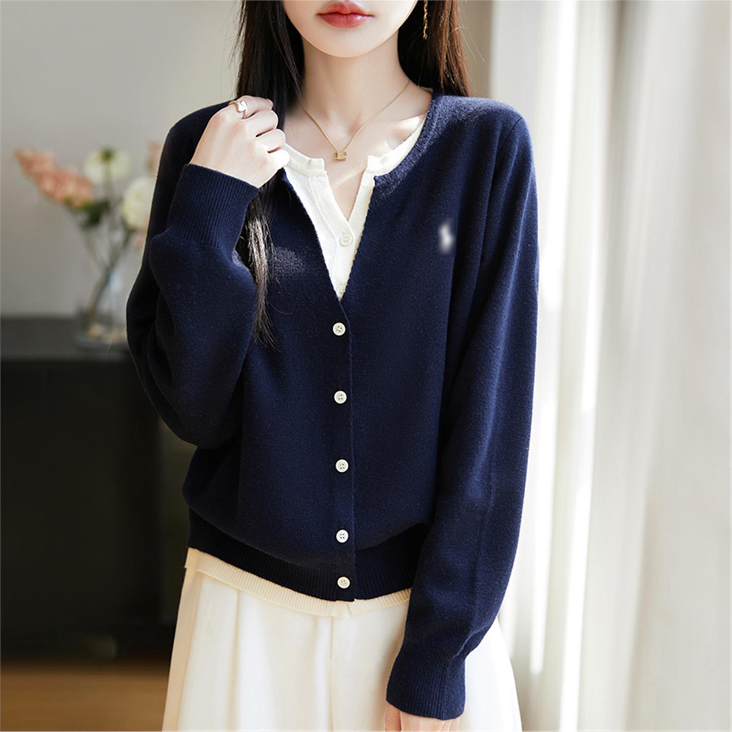 系女外格雷假系搭撞色miu两件开衫2025精纺上衣新款拼色针织毛衫