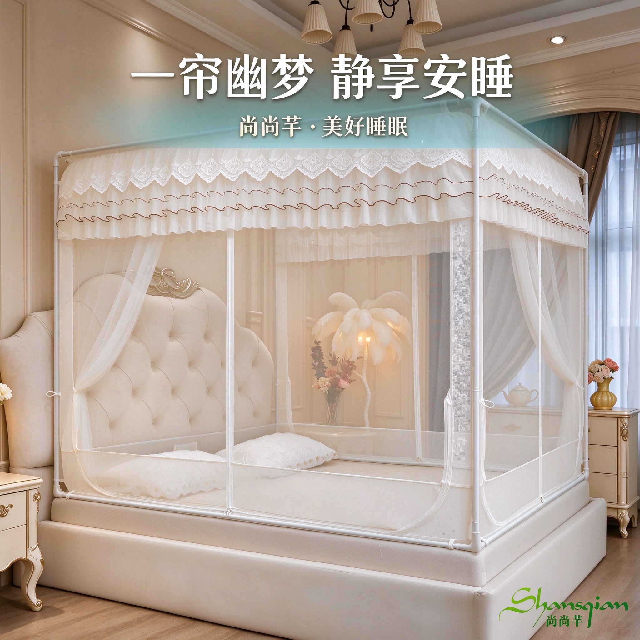 尚尚芊坐床式蚊帐加厚防摔铁艺支架加密网纱防掉床家用卧室组合式