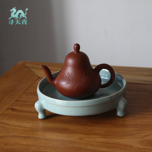 天青汝窑壶承茶点盘三足