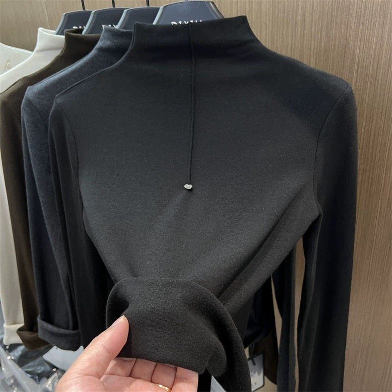超漂亮半高领洋气冬季加绒加厚小高圆领修身T恤女长袖内搭打底衫