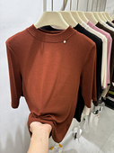 安哥来酒红色超漂亮好搭配上衣五分中袖 T恤女宽松弹力立领打底衫