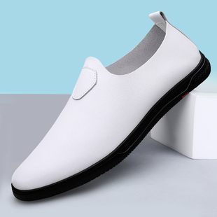 夏季英伦白色冲孔透气休闲小皮鞋男真皮软皮软底一脚蹬懒人豆豆鞋