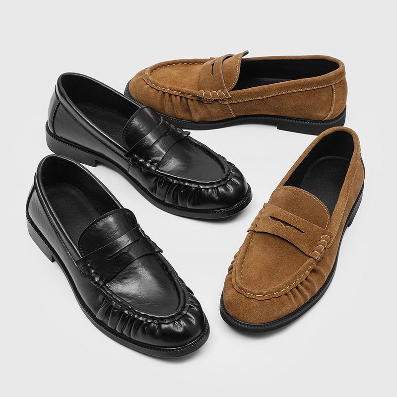 手工褶皱懒人豆豆鞋2026春季新款法式英伦风一脚蹬乐福鞋休闲皮鞋