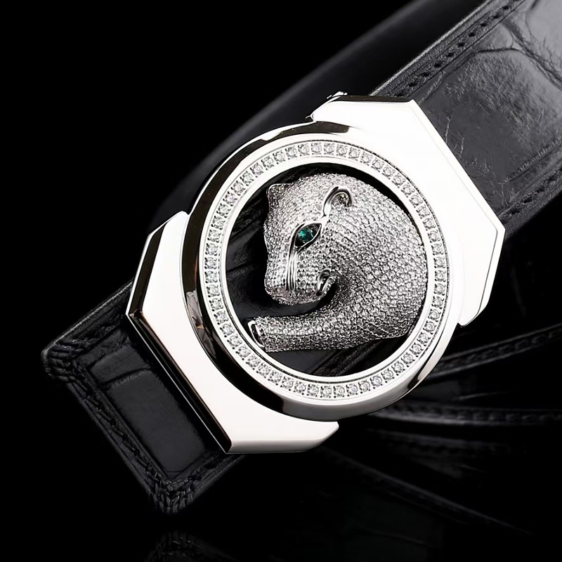 豹子头鳄鱼皮带男士真皮平滑扣头腰带不锈钢镶钻内穿扣鳄鱼皮腰带