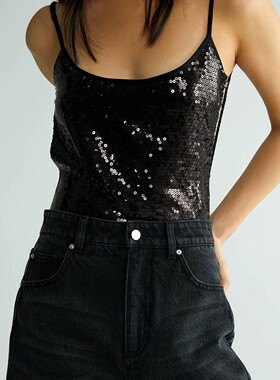 黑色亮片吊带设计感内搭无袖微弹背心打底亮片上衣Sip class