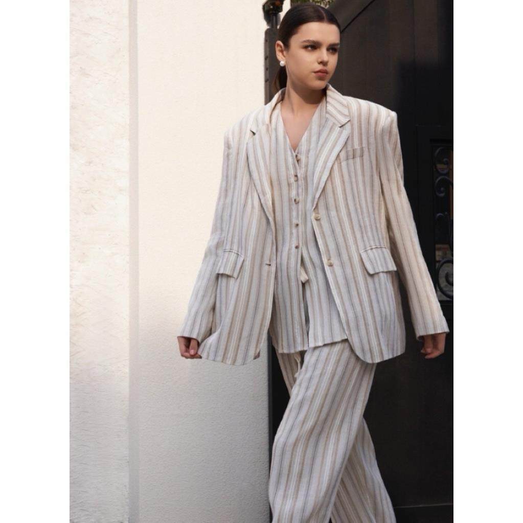 CORA&WYNN条纹棉麻意式马夹休闲西服西装气质正装