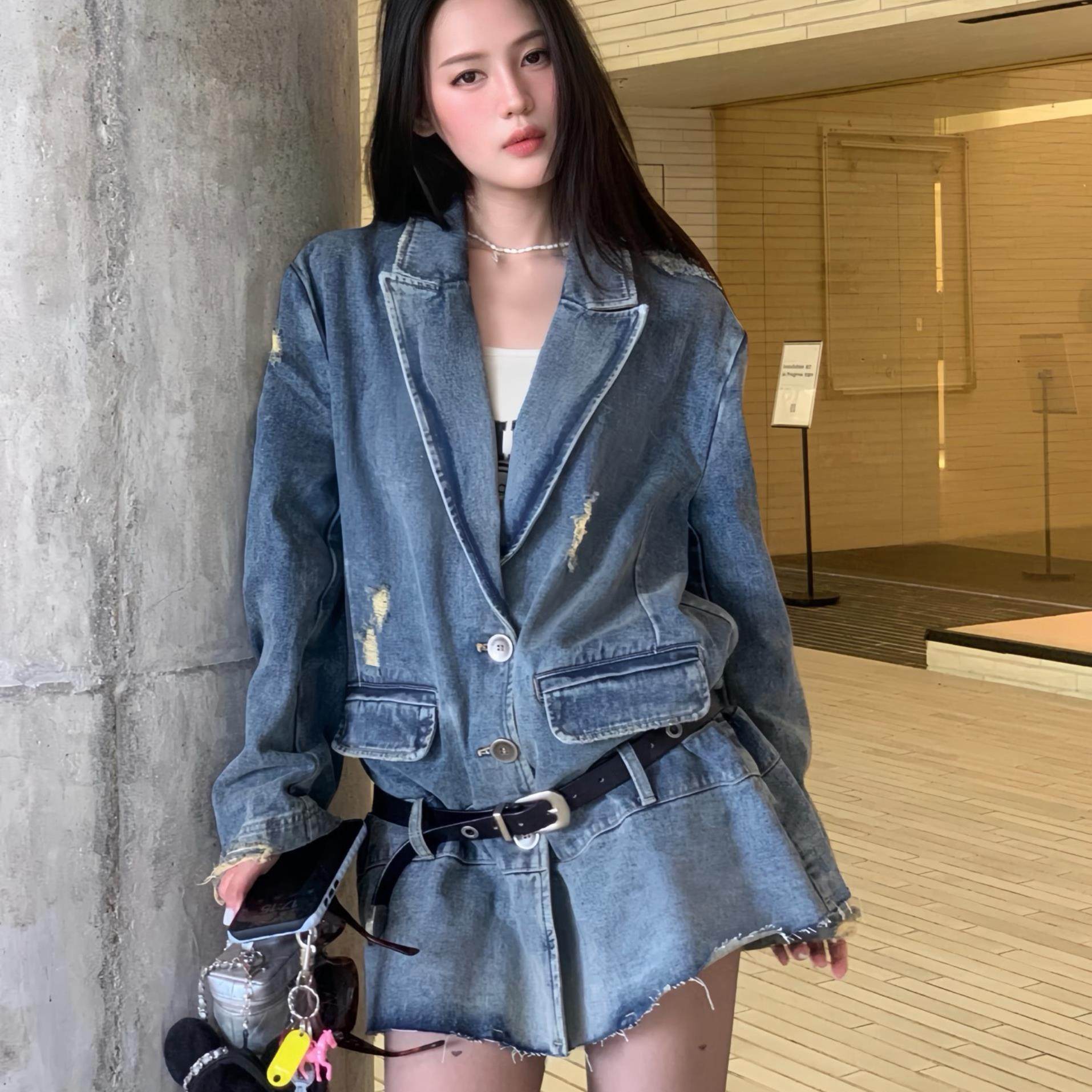 破洞水洗做旧vintage牛仔西装oversize长款廓形长外套Senseaweek