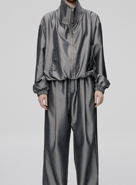 丝毛光泽银灰色宽褶松紧抽绳长裤Cora&wynn