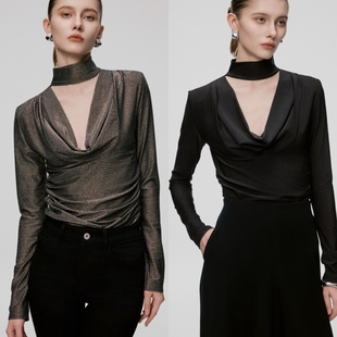 CHOKER领修身时尚黑色小众显瘦V领上衣打底衫长袖气质