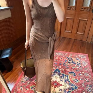 U领系带针织连衣裙 时髦经典内搭长裙CONCISE WHITE简白 26新款