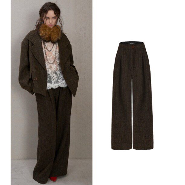 人字纹羊毛西装老爹裤 气质通勤vintage直筒长裤SENSEAWEEK