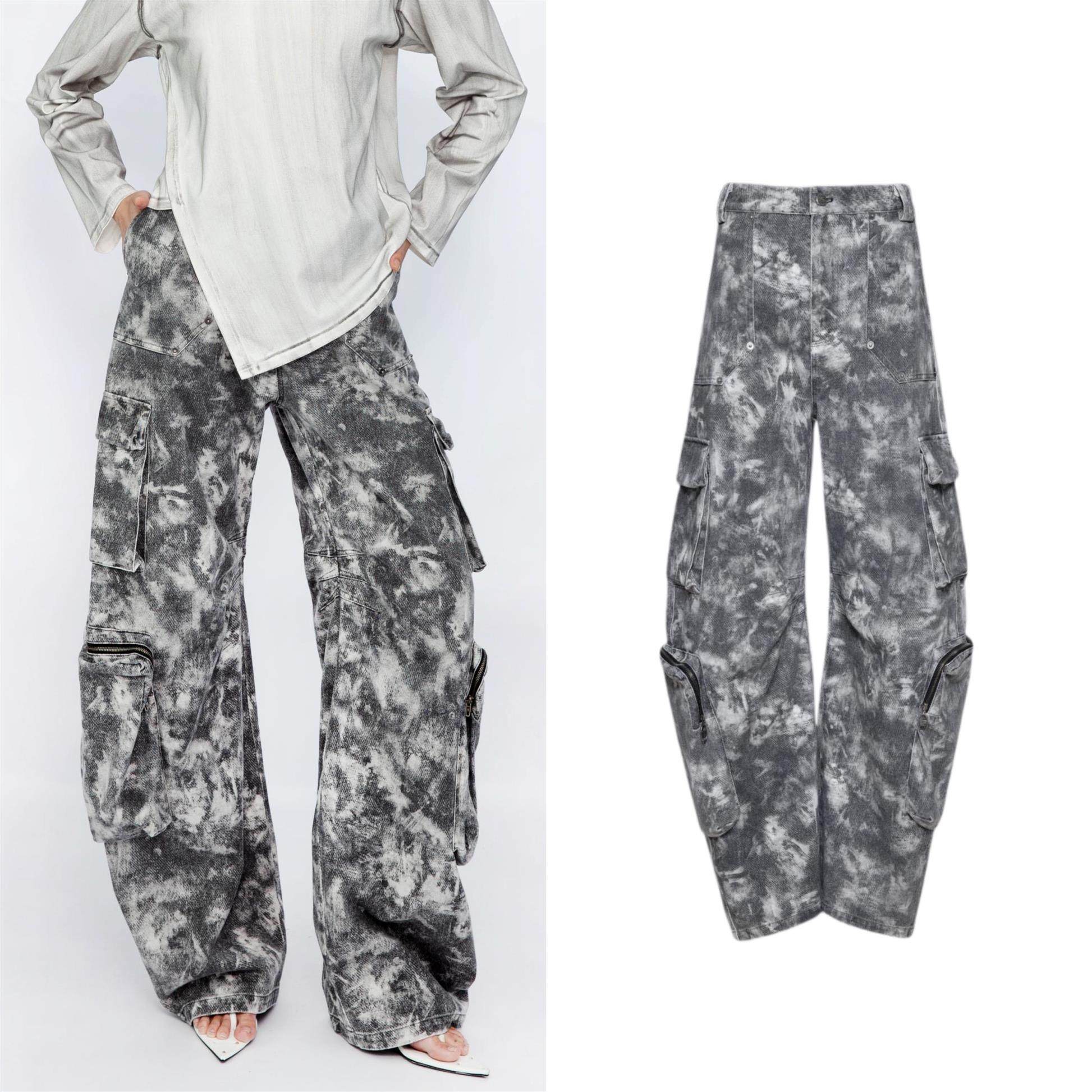 多口袋月牙型工装裤senseaweek宽松长裤扎染