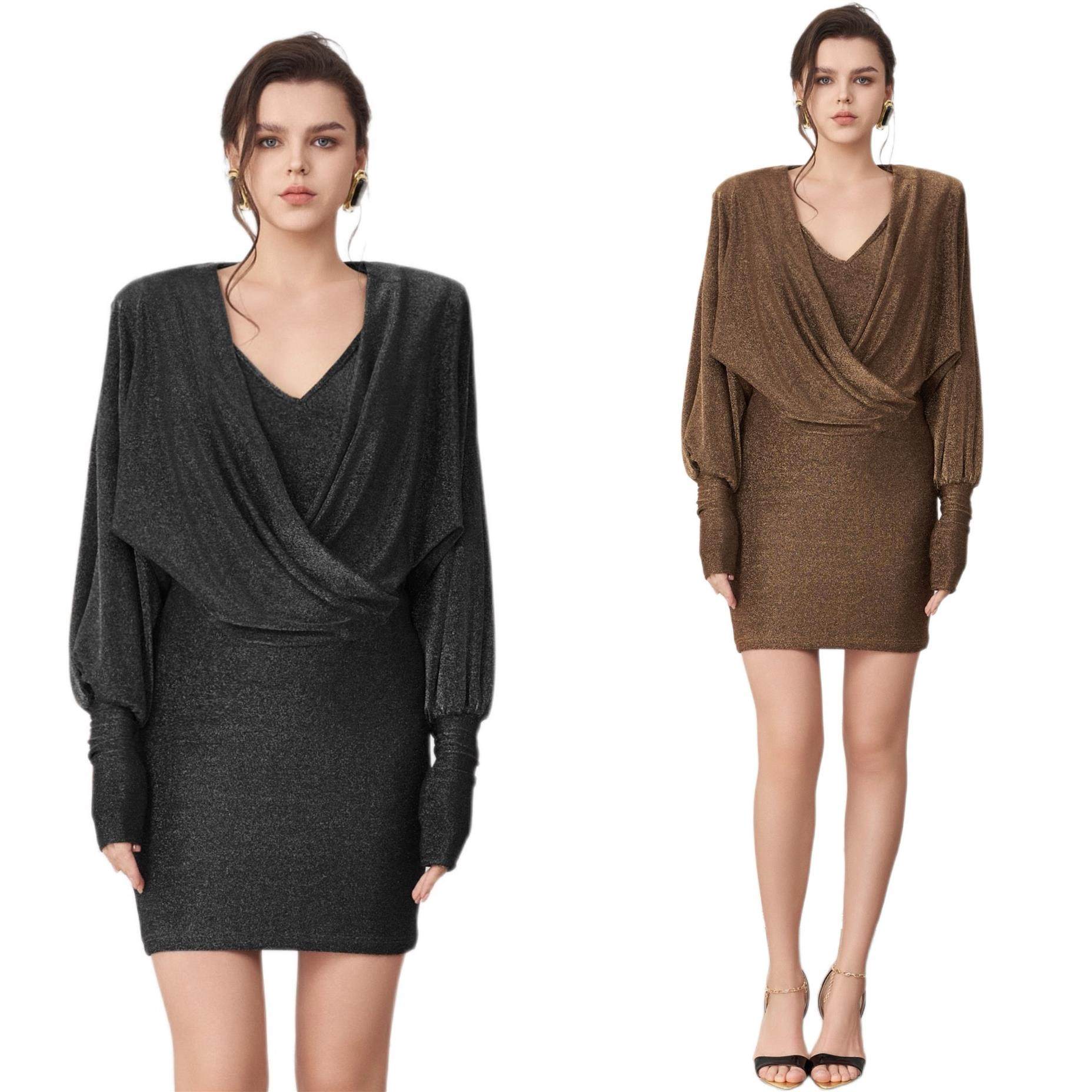 美国设计师CORA&WYNN暗闪垫肩荡领时尚修身连衣裙气质显瘦