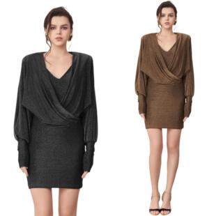 美国设计师CORA&WYNN暗闪垫肩荡领时尚修身连衣裙气质显瘦