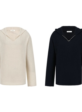 100山羊绒绞花针织衫 连帽套头毛衣 简白CONCISE WHITE