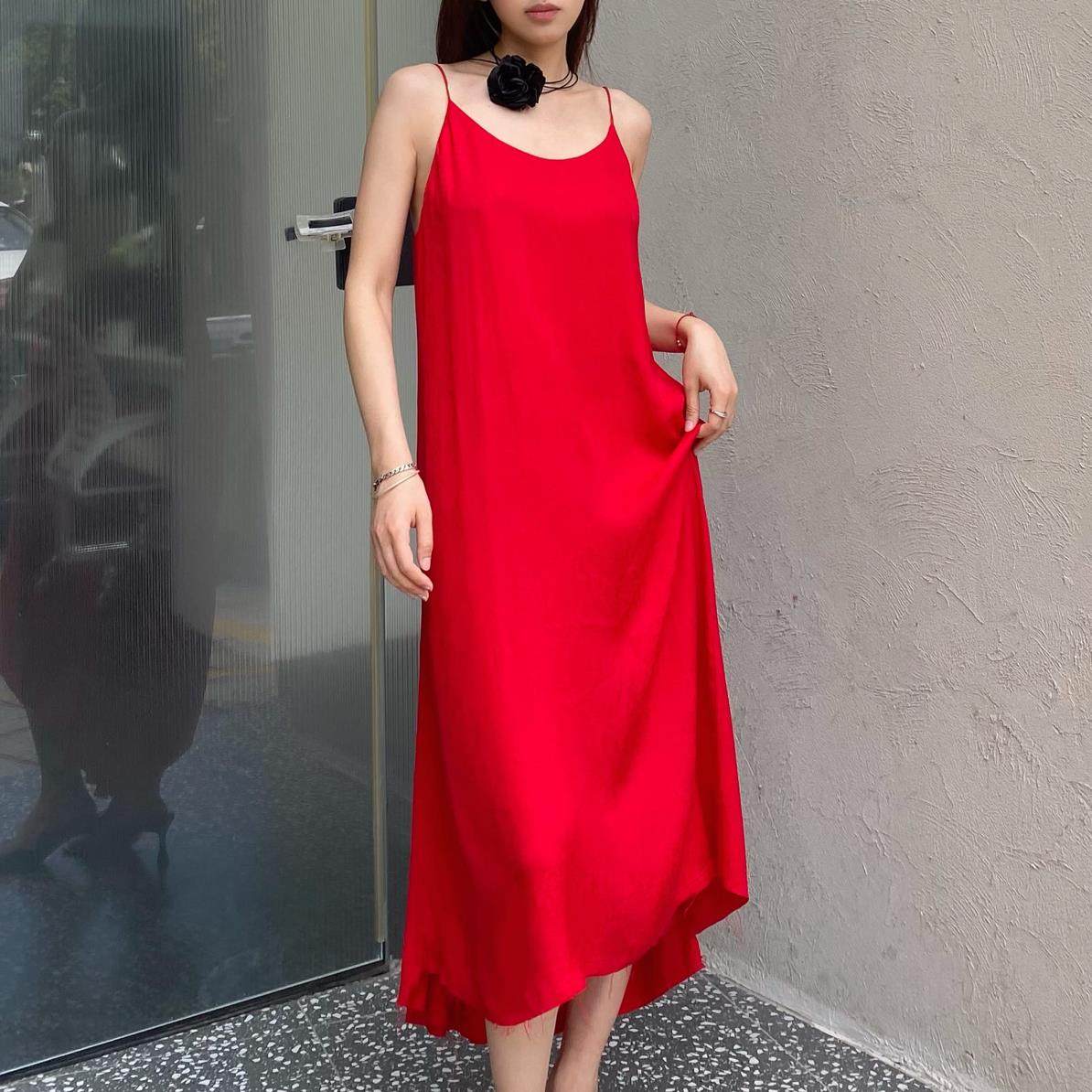 Cora&WYNN露背吊连衣裙红色法式长裙