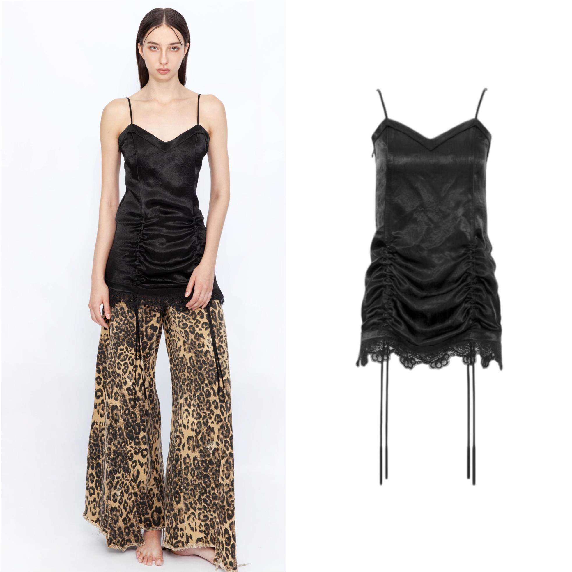 蕾丝边抽绳抽褶中长款吊带裙叠穿Senseaweek复古性感显瘦褶皱黑色