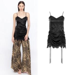 蕾丝边抽绳抽褶中长款吊带裙叠穿Senseaweek复古性感显瘦褶皱黑色