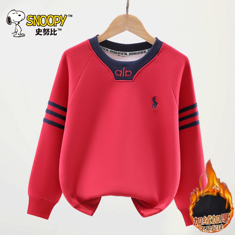 史努比儿童卫衣男童加绒撞色中国风长袖2025秋冬季加厚时尚打底衫